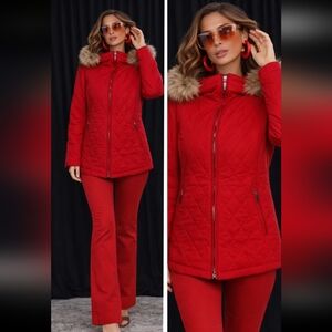 POST CARD Red Nylon Quilted Raccoon Fur Hoodie Trim Parka Size 6